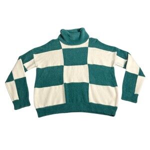 Kut From The Kloth Serena Turtleneck Sweater XL Cream Green Check Plush Cozy